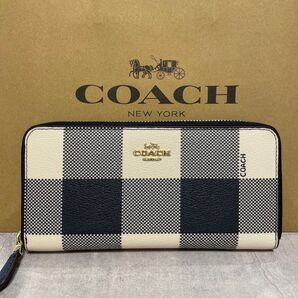 新品 COACHコーチ 長財布 レディース メンズ ネイビー ホワイト チェック