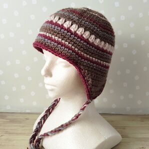 手編み ニット帽 耳当て付き 紐付き マルチカラー ブラウン系