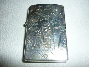 ■美品 希少 1970年代！純銀製 STERING SILVER（シルバー） 三重塔 舞妓さん 桜 彫金 ZIPPOタイプ オイルライター