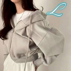パーカー レディース ショート丈 クロップド ジップアップ 韓国 シンプル スウェット フード付き おしゃれ グレー L