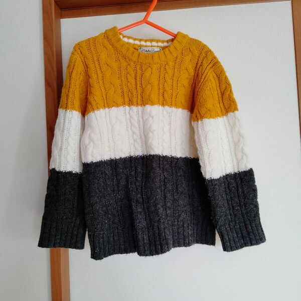ボーダー長袖ニットセーター 110 イエロー ホワイト グレー