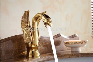 高級銅温水と冷水タップ白鳥の蛇口ゴールデン完成洗面器の蛇口
