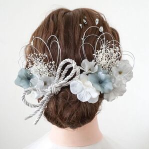 《翌日発送》髪飾り 成人式 卒業式 七五三 ヘッドドレス 和装 振袖 袴 金箔 水引 シルバー ゴールド リボン 水色 青 ブルー
