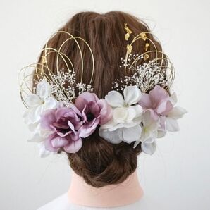 《翌日発送》髪飾り 成人式 卒業式 七五三 ヘッドドレス 和装 振袖 金箔 水引 ゴールド リボン ボブ 紫 パープル 白