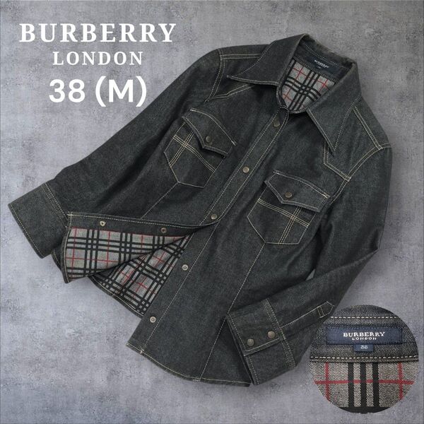 BURBERRY LONDON バーバリーロンドン ブラックデニムシャツ ノバチェック ショート丈 七分袖 三陽商会 黒 38 M