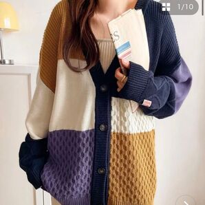 JaVaジャバコラボレトロ配色パネル切替えVネックケーブル編みニットカーディガン