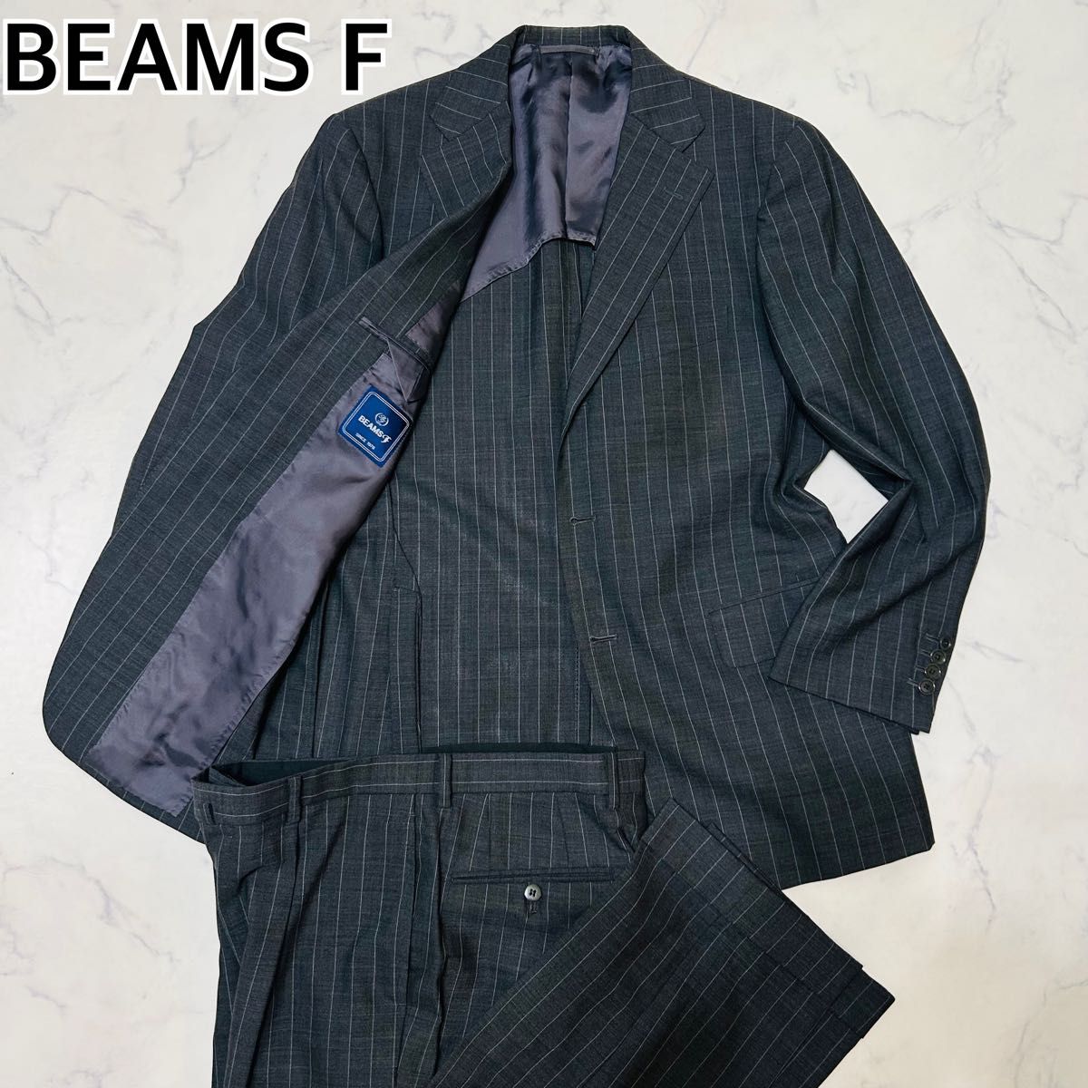 BEAMS F ビームスエフ ビジネススーツ 上下 セットアップ ストライプ 背抜き ウール ジャケット パンツ グレー S