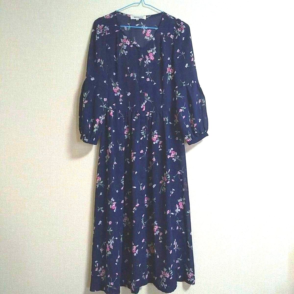 MISCHMASCH 花柄ワンピース ロングカーディガン 長袖 膝下丈 ネイビー 紺色 Mサイズ シースルー シアーカーディガン