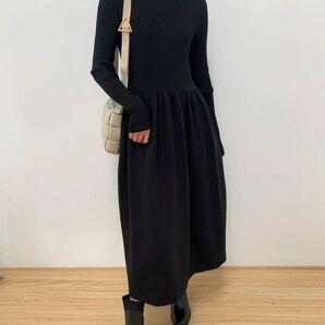 BIRTHDAY BASH バースデーバッシュ ハイネックバルーンニットワンピース 長袖 手洗い可 ブラック F