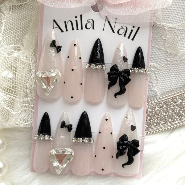 現品ネイルチップ 量産型 スナ系 リボン ツイード ハート 韓国 現品 ネイル ガーリー ワンホン フレンチ ちゅるちゅる ネイル