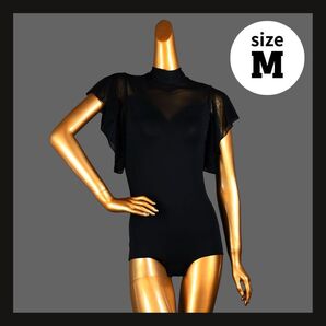 レオタード 社交ダンス M バックリボン フリル シースルー ハイネック ラテン 黒