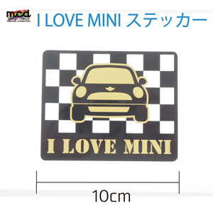 I LOVE mini ステッカー デカール チェッカー ゴールド ミニクーパー minicooper ワンポイント 10cm 1枚