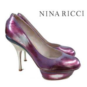 未使用【ニナリッチ】ヴィンテージ風 オープントゥ パンプス(40)定価10万円 ☆NINA RICCI☆保管品 メタリック 本革 レザー の画像3