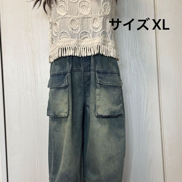 デニムカーゴパンツ ワイドパンツ ウォッシュ加工 カジュアル