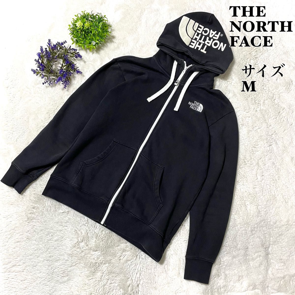 【人気】THE NORTH FACE ザノースフェイス　ジップアップパーカー　黒　フードロゴ　リアビュー