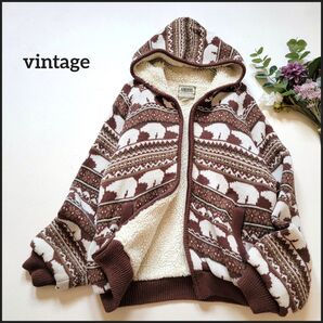 【値段交渉お気軽に♪】レトロビンテージ●超ビッグサイズ♪シロクマ総柄裏ボア素材カウチンニットジャケット 大きいサイズ フード付き