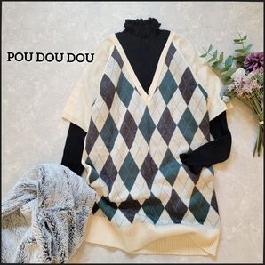 【値段交渉お気軽に♪】プードゥドゥ●レトロな配信が可愛い♪美品◎アーガイル柄ウール混Vネックニット ベスト 韓国 チェック柄