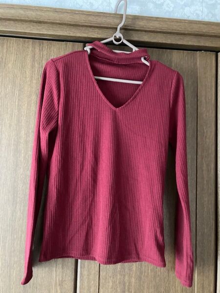 リブニット Vネック 長袖トップス ボルドー