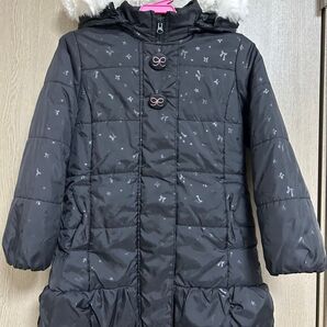 3can4onファーフード付きリボン星柄中綿フリルコート黒色110㎝ used