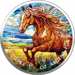 【世界100枚限定!】カナダ メイプルリーフ 銀貨 カラー ステンドグラスホース 1オンス 1oz 鑑賞ケース付き 午年