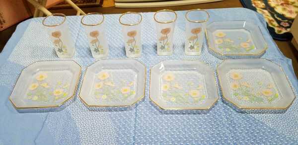 ガラス陶器　花柄小皿 、グラス　各5セット