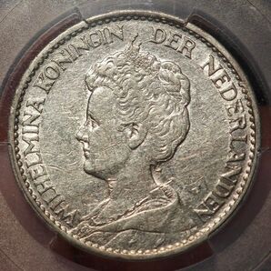 【AU53】PCGS 1915 オランダ王国 ウィルヘルミナ女王1グルデン 銀貨