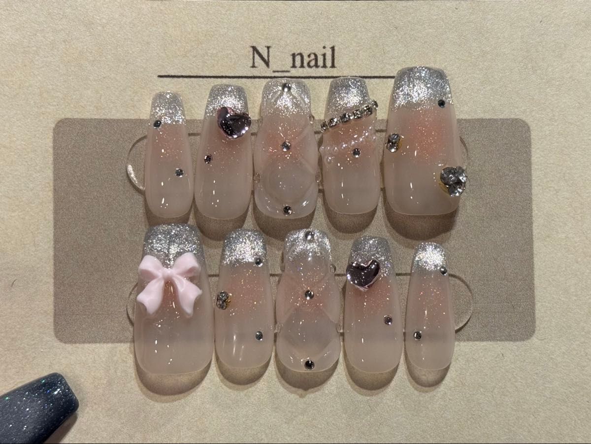 ワンホンネイルチップ フレンチガーリー チーク キラキラ 韓国 量産型 推しネイル キルティング リボン スナ系 ハート