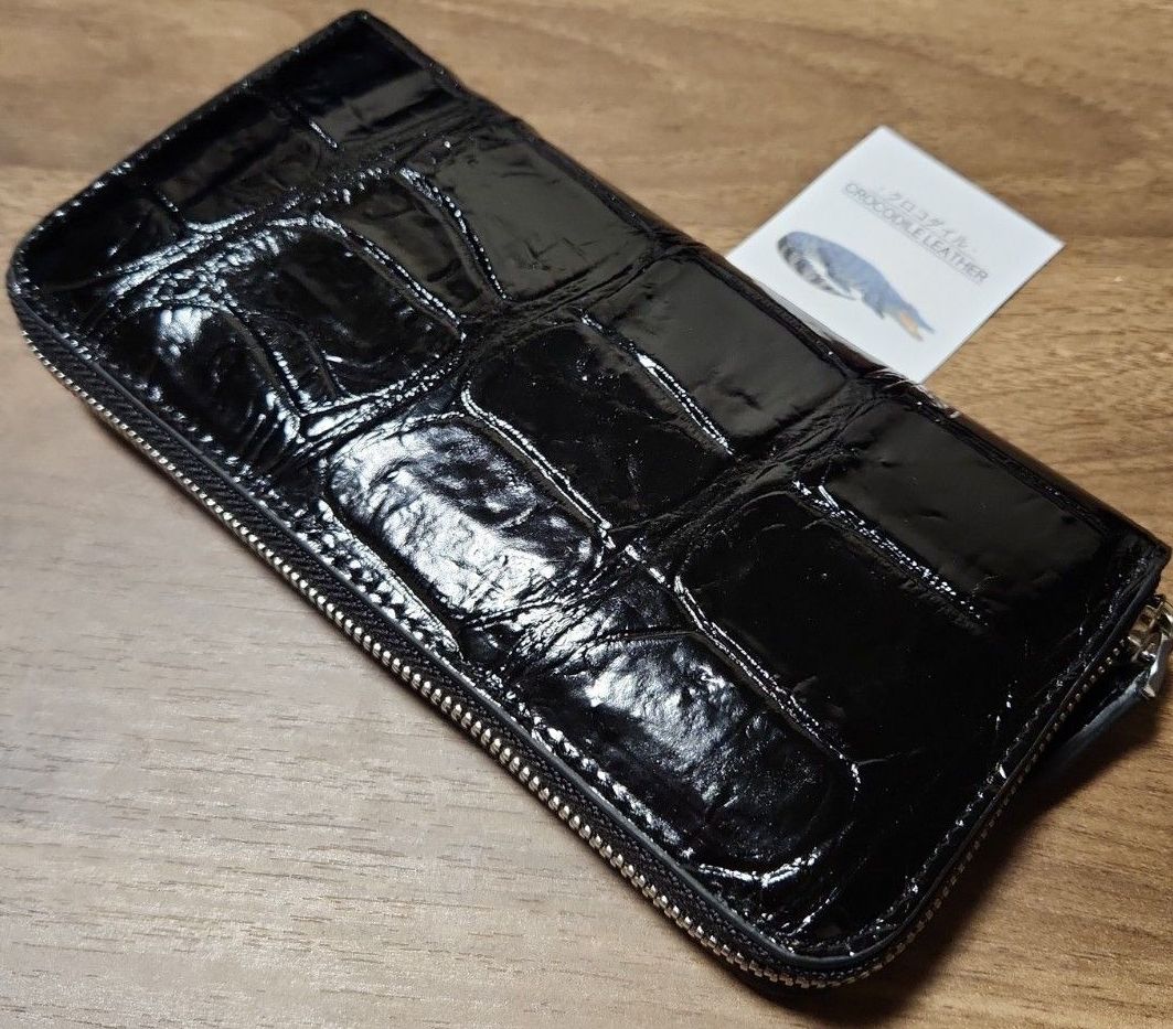 ☆ 実物撮影 ☆ オールドブラック 一枚革 クロコダイル 長財布 ラウンドファスナー 新品 未使用品 メンズ レディース 高級