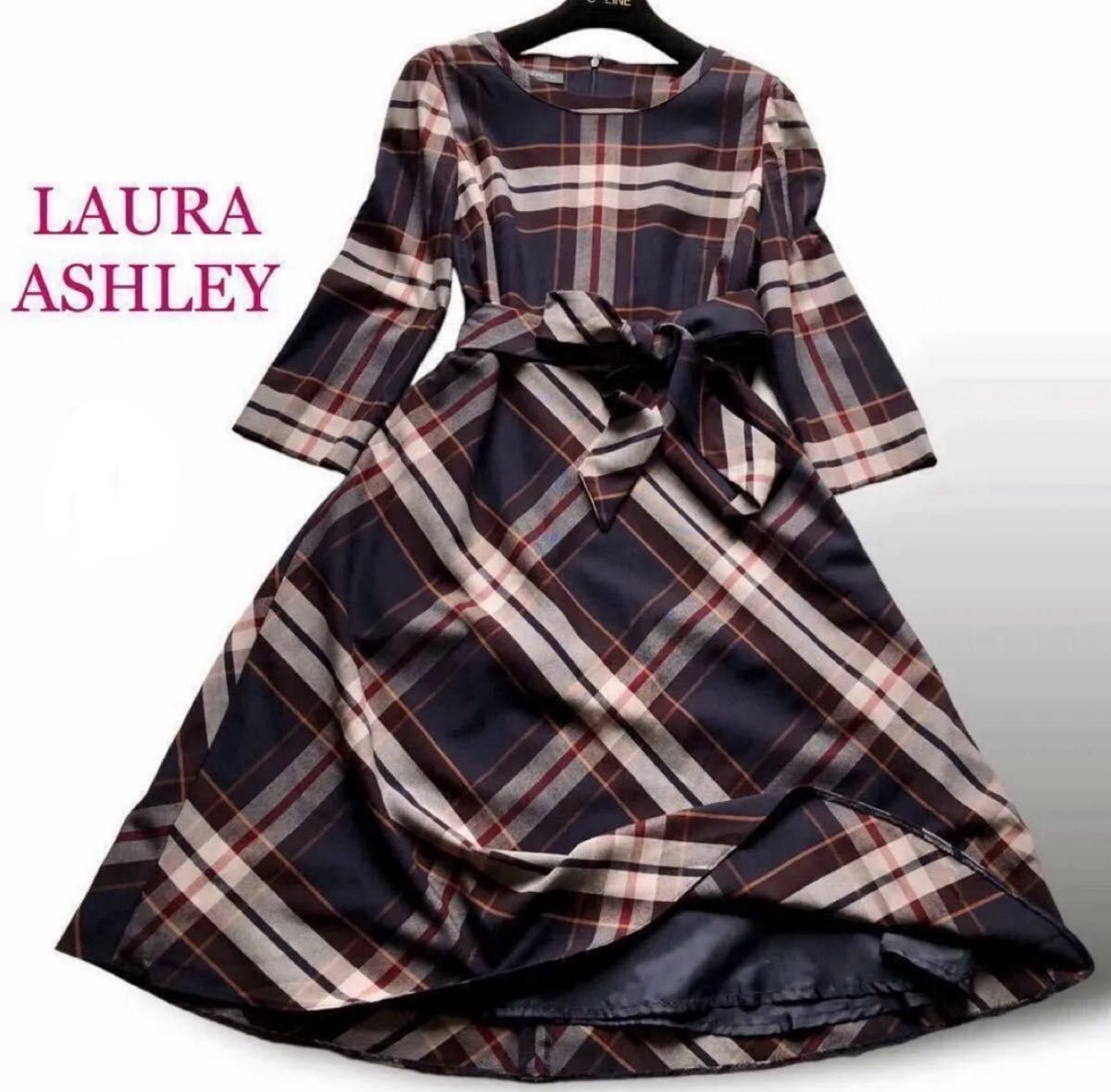 LAURA ASHLEY ローラアシュレイ リボンベルト付き メガチェック フレアワンピース 七分袖 ロング 総柄 ワンピース