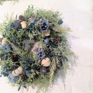 ハンドメイド ナチュラルブルークリスマスリース 大 アーティフィシャルフラワー 春夏秋冬リース プレゼント