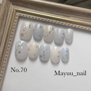 70 チップサイズオーダー ネイルチップ ハンドメイド ホログラム ブルー 水色 ホワイト ニュアンスネイル