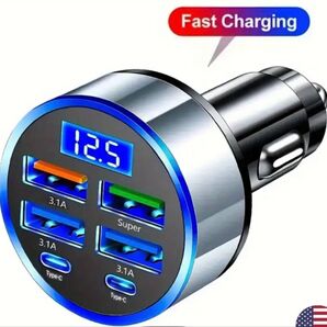 【新品】6-in-1車載充電器アダプター、車載充電器、インテリジェント電圧検出デジタルディスプレイ シルバー