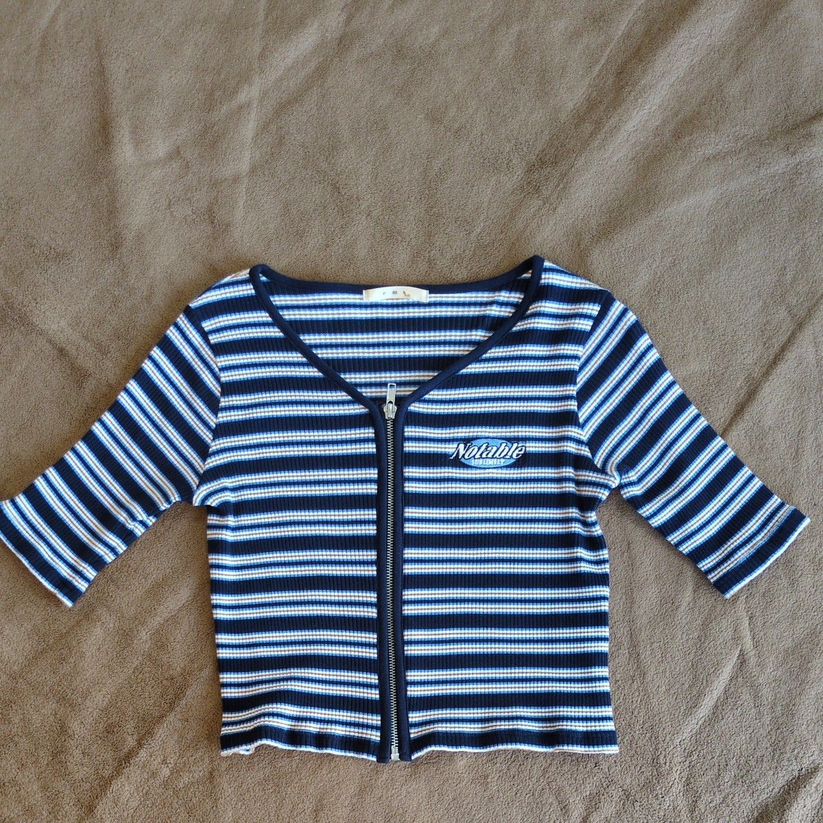 ボーダー柄 ジップアップトップス ブルー系　レトロガール