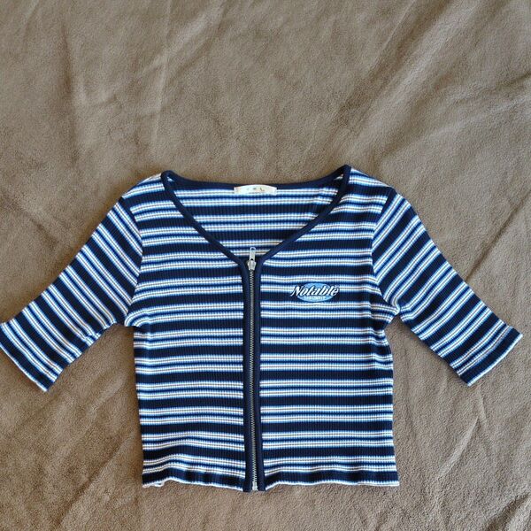 ボーダー柄 ジップアップトップス ブルー系 レトロガール