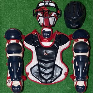 少年軟式野球 キャッチャー ヘルメット マスク プロテクター レガース 防具 スラッガー 捕手 セット ジュニア ネイビー レッド
