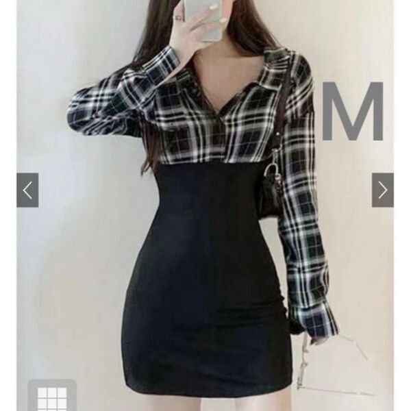 GRL チェック柄シャツドッキングオフショルダーワンピース Mサイズ グレー ブラック 美シルエット ミニワンピース 長袖
