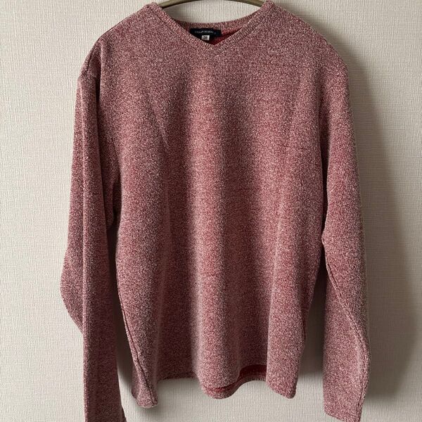 Vネック 長袖タオル地 薄手 レッド系 カジュアル シャツ