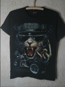 ｎ4653　ROCK　CRAZY　ファンキー　猫　アメリカン　バイカー　プリント　tシャツ　人気　送料格安　ビンテージ　vintage