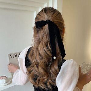 ベロアリボン ブラック パール付き クリップ ヘアアクセサリー フォーマル パーティ 結婚式