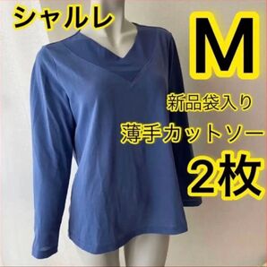 M2枚まとめ売り 新品未使用ミセスM シャルレ長袖エレガンスカットソー薄手長袖 ブルー系 Vネックcharle 袋入り
