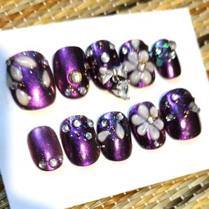 成人式ネイルチップ フリフリリボンとふっくらお花 ミラーネイル紫
