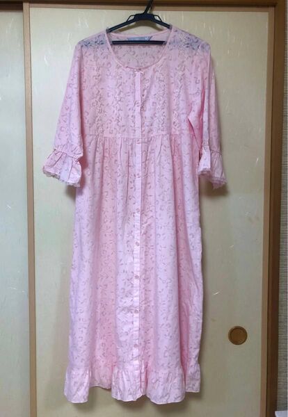 ★☆ワコール レトロ ネグリジェ ロングワンピース ピンク 花柄 七分袖 M★☆