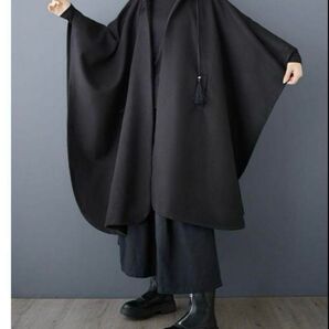 モード系 大きめ 高級感 立ちマント アウター 羽織り ポンチョ コート レインコート 黒