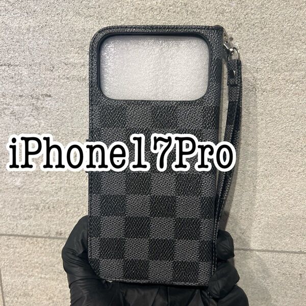 iPhone17Pro チェック柄手帳型ケース ブラック 黒
