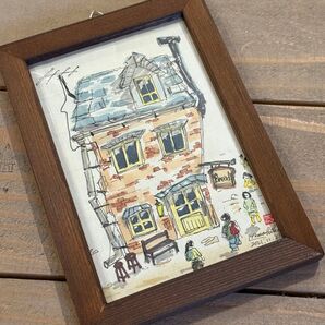 【手書き、原画】手描き 水彩イラスト/ポストカードサイズ額装/小さな街の家シリーズ インテリア 絵画 真作 額装