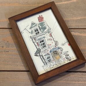 【手書き、原画】手描き 水彩イラスト/ポストカードサイズ額装/小さな街の家シリーズ インテリア 額装 真作 絵画