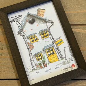 【手書き、原画】手描き 水彩イラスト/ポストカードサイズ額装/小さな街の家シリーズ インテリア 額装 真作 絵画 インテリア