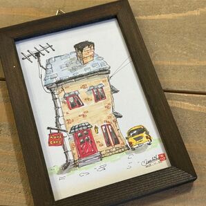 【手書き、原画】手描き 水彩イラスト/ポストカードサイズ額装/小さな街の家シリーズ インテリア 額装 真作 絵画 インテリア