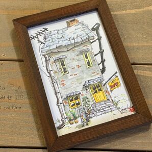 【手書き、原画】手描き 水彩イラスト/ポストカードサイズ額装/小さな街の家シリーズ インテリア 額装 真作 絵画