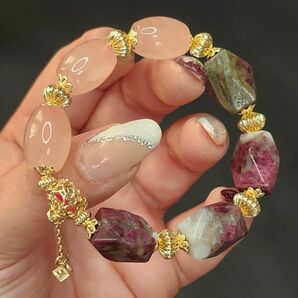 天然石 ブレスレット トルマリンラフカット ローズクォーツ樽型 パワーストーン